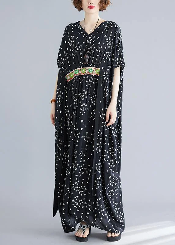 Art Black Print Cotton Cinched Summer Maxi Dress Elegant Boho Maxi Dress