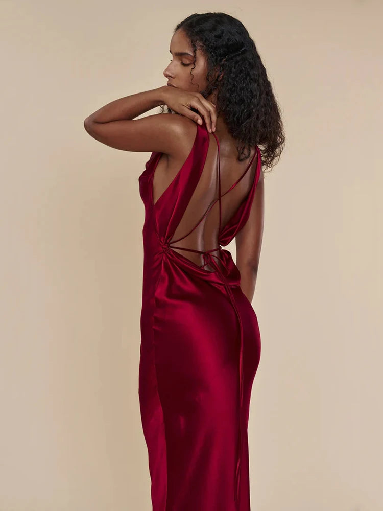 A&A Luxe Plunging Back Cowl Lace Up Satin Silk Maxi Dress Fashionable Maxi Dress with Fringe A&A Luxe Plunging Back Cowl Lace Up Satin Silk Maxi Dress Fashionable Maxi Dress with Fringe
