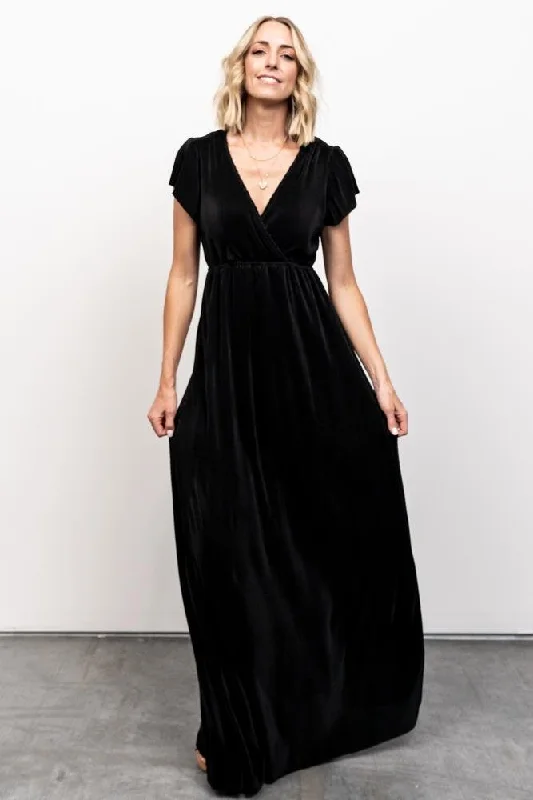 Athena Pleated Maxi Dress | Black Classic A-Line Maxi Dress