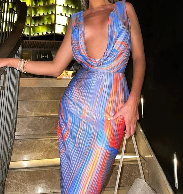A&A Abstract Cowl Neck Plissé Sleeveless Maxi Dress Cozy Longline Maxi Dress