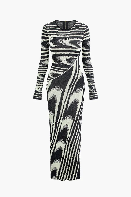 A&A Abstract Long Sleeve Knitted Maxi Dress Comfortable Long-Sleeve Maxi Dress