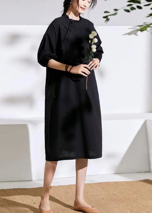 Beautiful Black Pockets Button Summer Linen Maxi Dresses Half Sleeve Elegant Sleeveless Maxi Dress