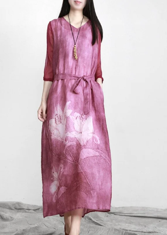 Beautiful Purple Print Linen Tunic Maxi Dresses Fashionable Open-Back Maxi Dress
