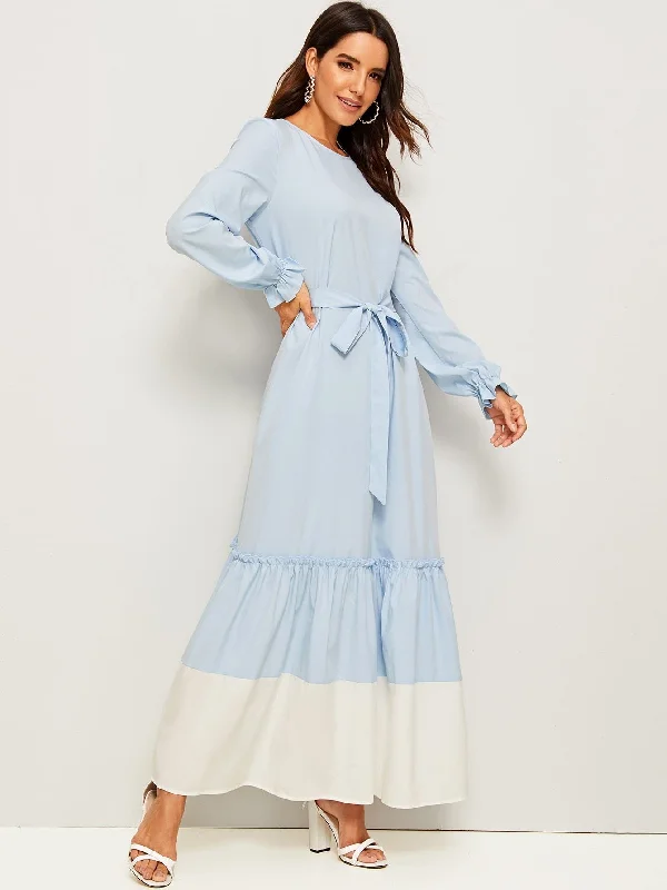 Bell Cuff Contrast Hem Belted Maxi Dress Stylish Pleated A-Line Maxi Dress