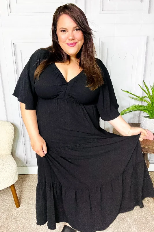 Talk Of The Town Black Elastic V Neck Tiered Maxi Dress (Open Pack) Fashionable Printed Maxi Dress Talk Of The Town Black Elastic V Neck Tiered Maxi Dress (Open Pack) Fashionable Printed Maxi Dress