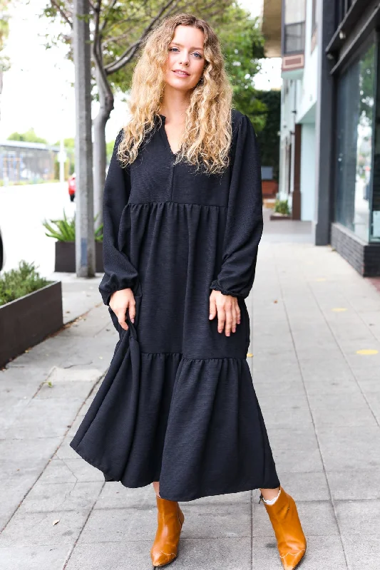 Lock Eyes Black Notched Neck Frill Hem Tiered Maxi Dress (Open Pack) Fashionable Asymmetrical Maxi Dress Lock Eyes Black Notched Neck Frill Hem Tiered Maxi Dress (Open Pack) Fashionable Asymmetrical Maxi Dress