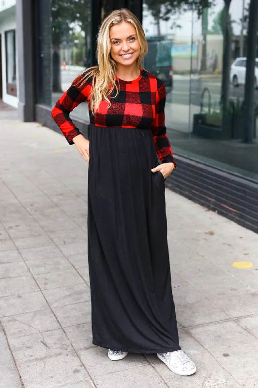 Black & Red Plaid Maxi Dress Cozy Cold-Shoulder Maxi Dress