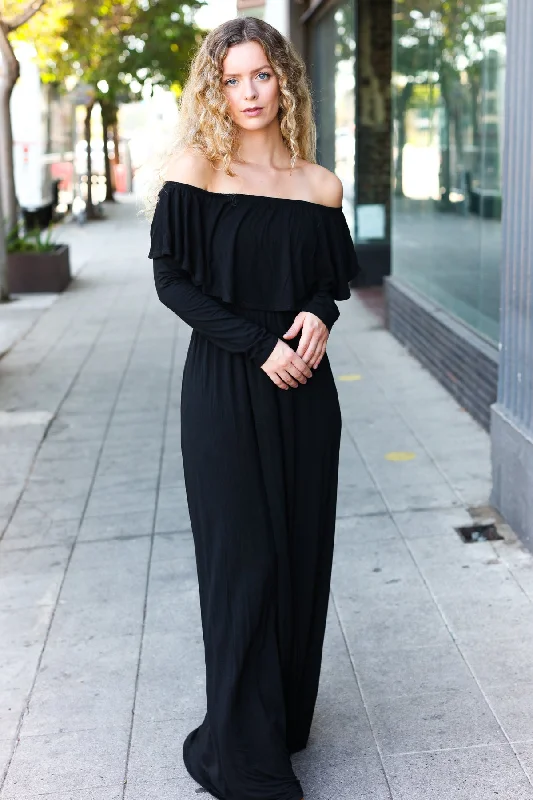 Black Solid Flutter Shoulder Maxi Dress Cozy Knitted Maxi Dress