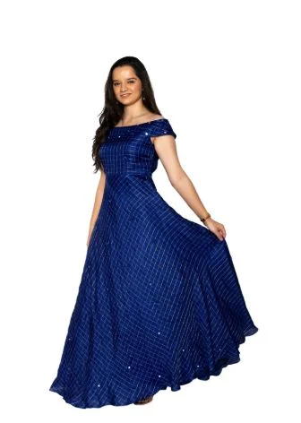 Blue Mirror Work With Gold Embroidered Off Shoulder Maxi Dress Elegant Maxi Dress with Ruffles