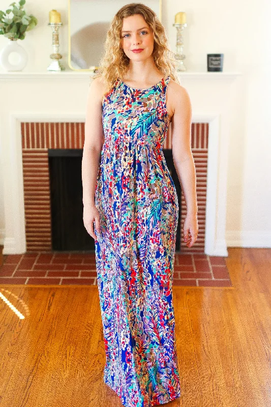 Blue Vibrant Print Pocketed Maxi Dress Trendy V-Neck Maxi Dress