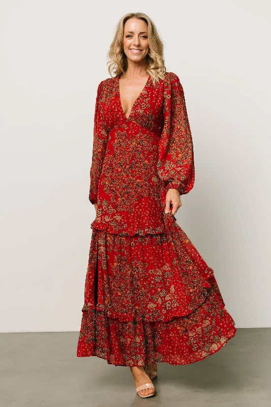 Bowman Deep V Maxi Dress | Red Multi Trendy Maxi Dress with Straps