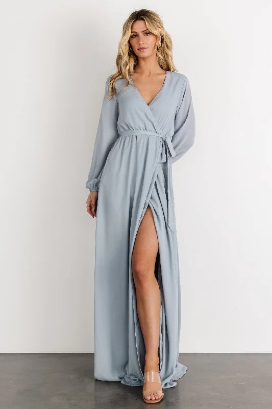 Breanne Faux Wrap Maxi Dress | Light Blue Elegant Pleated Maxi Dress