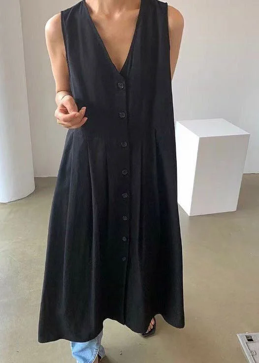 Brief Black V Neck Wrinkled Cotton Maxi Dresses Summer Classic Solid Maxi Dress