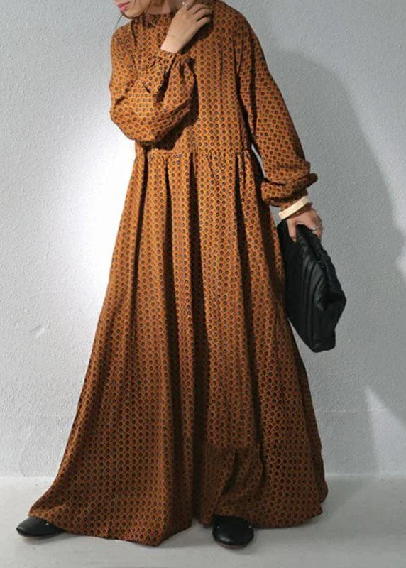 Brown Dot Print Chiffon Maxi Dresses Stand Collar Wrinkled Long Sleeve Trendy Off-Shoulder Ruffle Maxi Dress Brown Dot Print Chiffon Maxi Dresses Stand Collar Wrinkled Long Sleeve Trendy Off-Shoulder Ruffle Maxi Dress