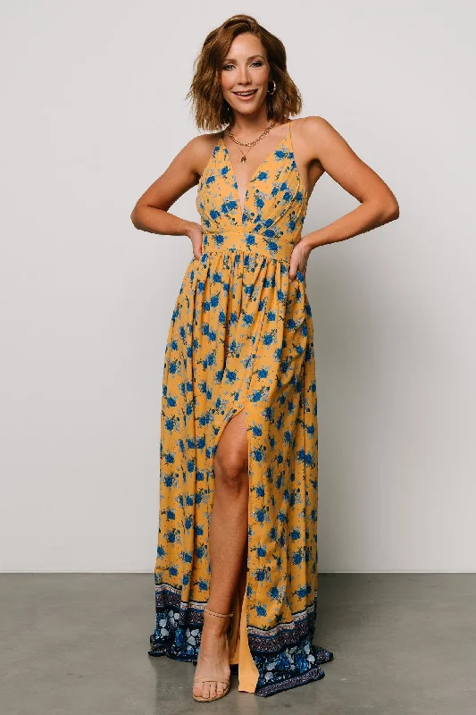 Brylee Maxi Dress | Mustard + Navy Trendy Off-Shoulder Ruffle Maxi Dress