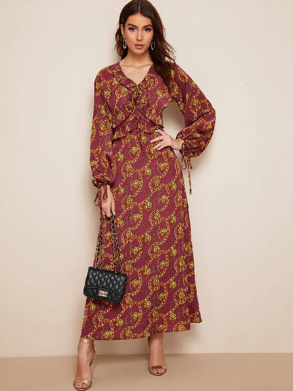 Chain Print Knot Cuff Maxi Dress Elegant Maxi Dress with Pockets