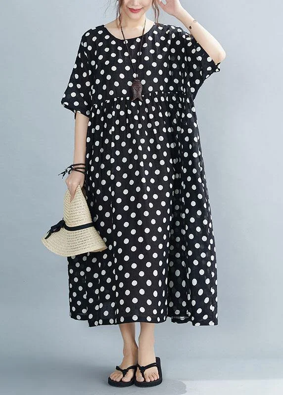 Chic Black O-Neck Dot Summer Maxi Dresses Half Sleeve Chic Button-Up Maxi Dress