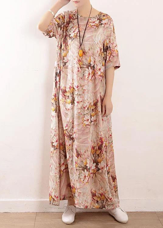Chic Pink Print Oriental Summer Maxi Dress Cozy Ribbed Maxi Dress