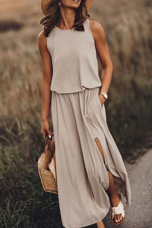 CityHottie Bohemian Sleeveless Side Slit Maxi Dress Elegant Lace-Up Maxi Dress