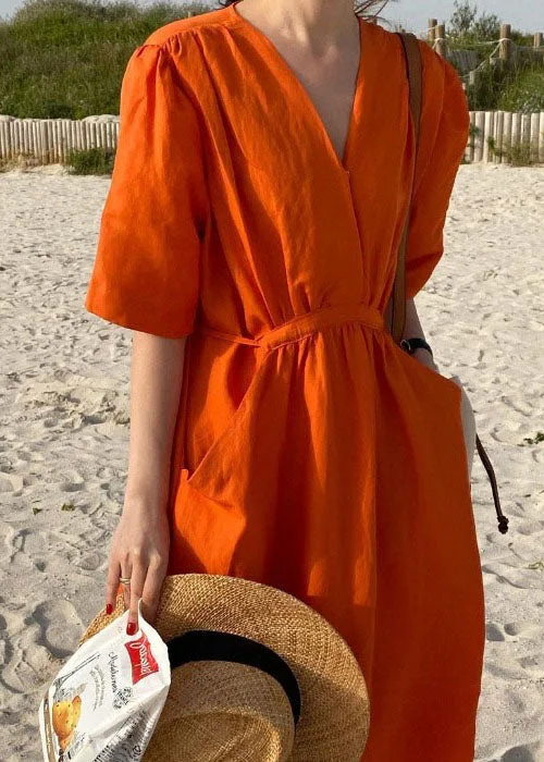 Classy Orange V Neck Pockets Patchwork Tie Waist Cotton Maxi Dress Summer Trendy Maxi Dress with Lace Classy Orange V Neck Pockets Patchwork Tie Waist Cotton Maxi Dress Summer Trendy Maxi Dress with Lace