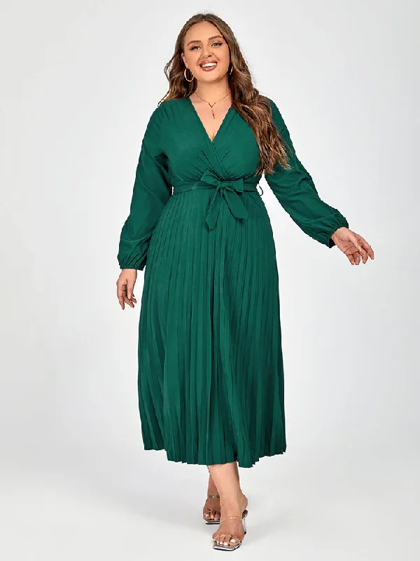 Plus V-Neck Belted Lantern Sleeve Maxi Dress Comfortable Satin Maxi Dress