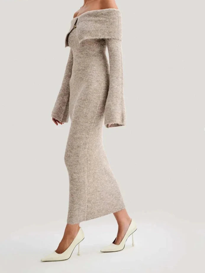 A&A Elegant Knitted Lapel Off Shoulder Maxi Dress Cozy Maxi Dress with Slit