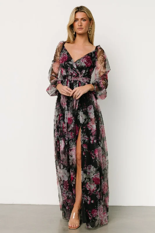 Desiree Tulle Maxi Dress | Black + Fuchsia Trendy Short Sleeve Maxi Dress