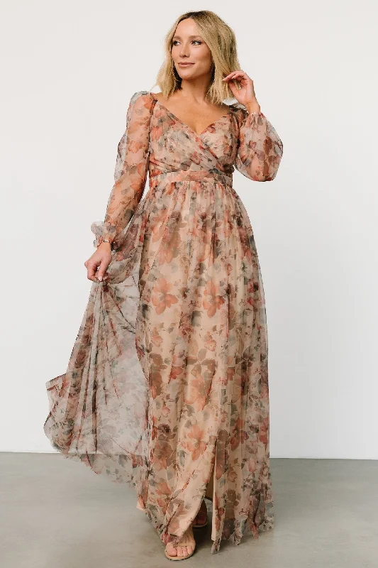 Desiree Tulle Maxi Dress | Taupe Floral Stylish Boho Chic Maxi Dress