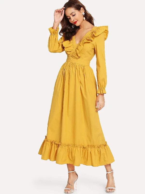 Double V Neck Surplice Ruffle Maxi Dress Elegant Boho Maxi Dress