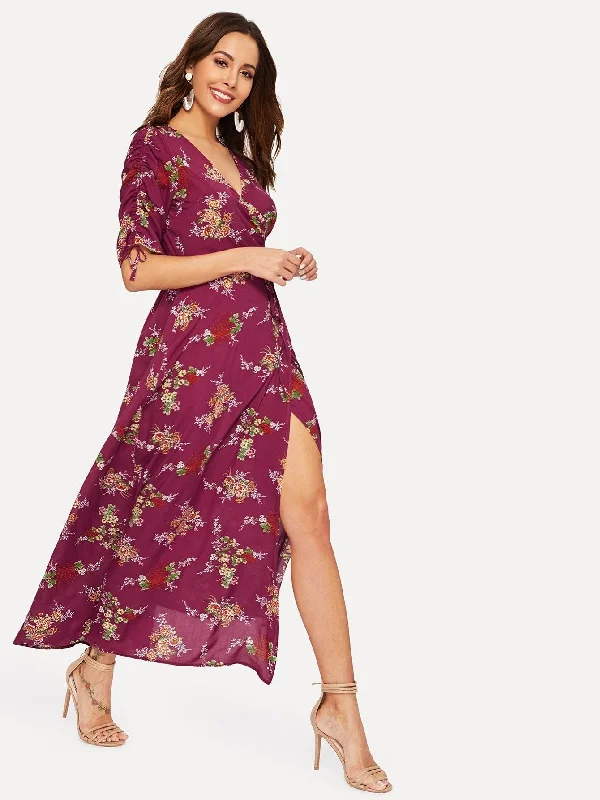 Drawstring Sleeve Split Floral Wrap Maxi Dress Stylish Button-Up Maxi Dress