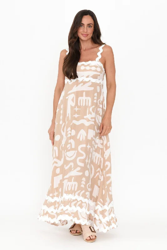 Eda Beige Abstract Maxi Dress Chic Boho Print Maxi Dress