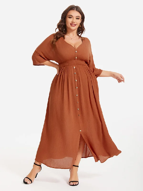 V-Neck Button Front Elastic Waist Split Maxi Dress Cozy Ruffle Sleeve Maxi Dress
