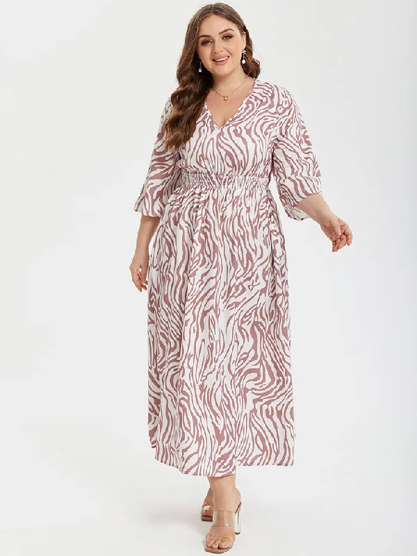 Zebra Striped V-Neck Elastic Waist Pocket Maxi Dress Trendy Button Front Maxi Dress