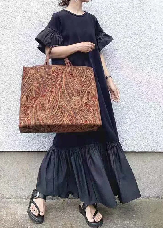 Elegant Black O-Neck Patchwork Ruffles Cotton Maxi Dresses Puff Sleeve Comfortable Ruffle Maxi Dress Elegant Black O-Neck Patchwork Ruffles Cotton Maxi Dresses Puff Sleeve Comfortable Ruffle Maxi Dress