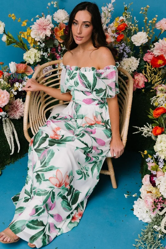 Elina Maxi Dress | White + Green Multi Floral Trendy Maxi Dress with Belt