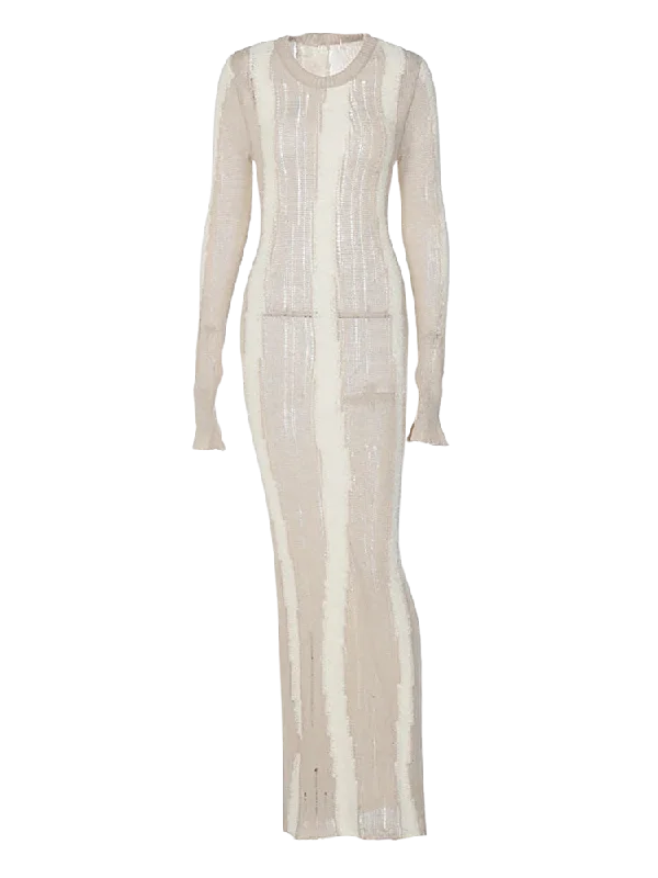 A&A Frayed Knit Sheer Long Sleeve Maxi Dress Comfortable T-Shirt Maxi Dress
