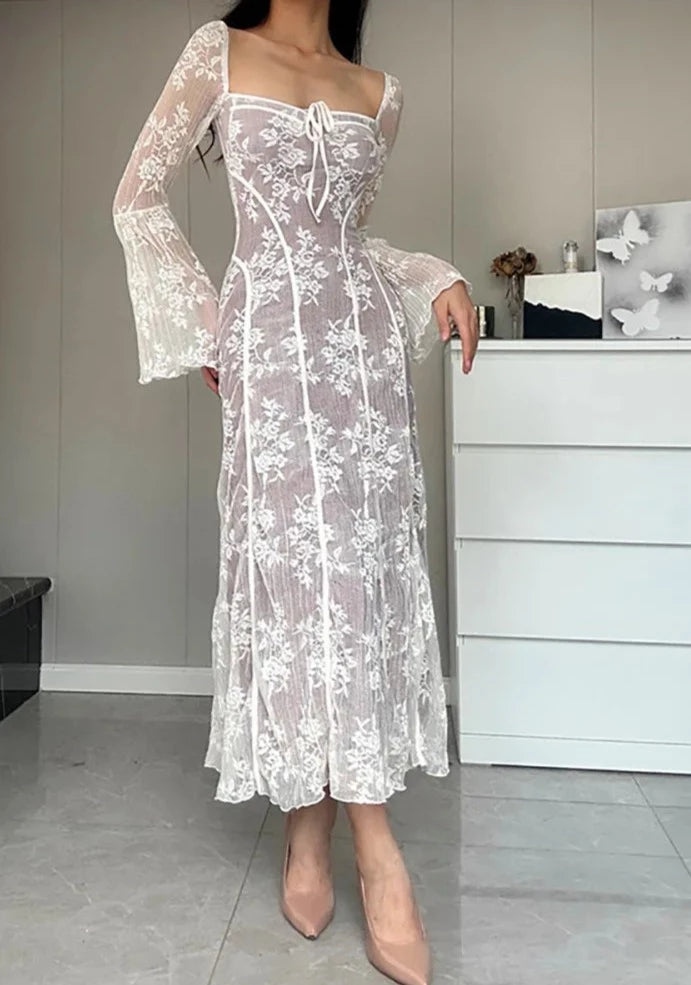 A&A Luxe Vintage Square Collar Lace Long Sleeve Maxi Dress Comfortable Maxi Dress with Sleeves A&A Luxe Vintage Square Collar Lace Long Sleeve Maxi Dress Comfortable Maxi Dress with Sleeves