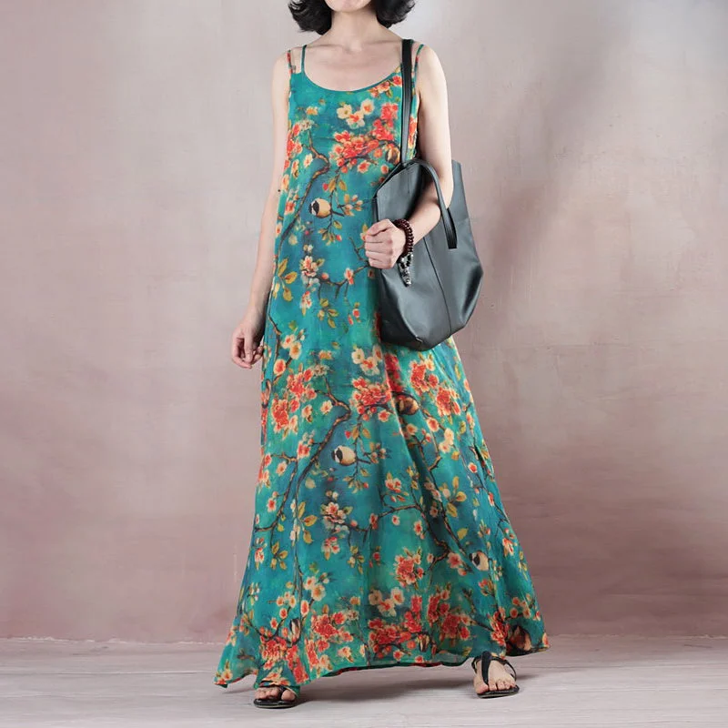 Fine blue summer maxi dress o neck Spaghetti Strap cocktail dress a line skirts floral maxi dresses Chic Summer Maxi Dress