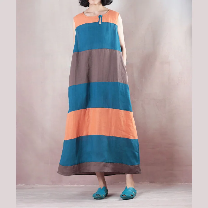 Fine multicolor striped linen maxi dress plus size clothing O neck traveling clothing casual Sleeveless baggy dresses maxi dresses Elegant Maxi Dress with Drapes