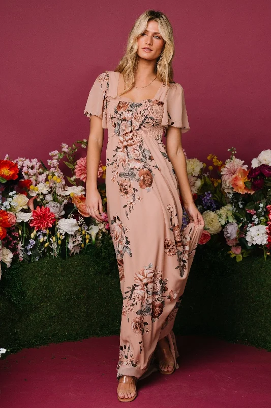 Fleur Maxi Dress | Nude Floral Stylish Maxi Dress with Frills