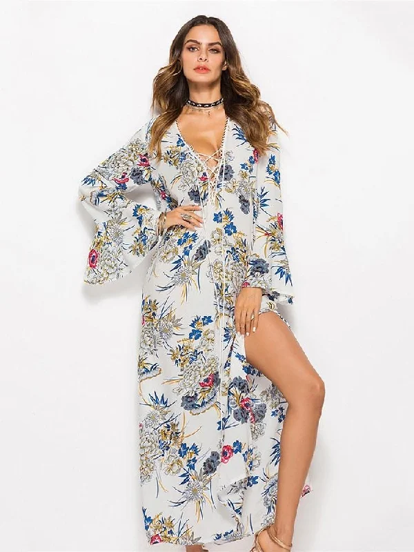 Floral Lace-up Plunge Split Maxi Dress Stylish Boho Maxi Dress