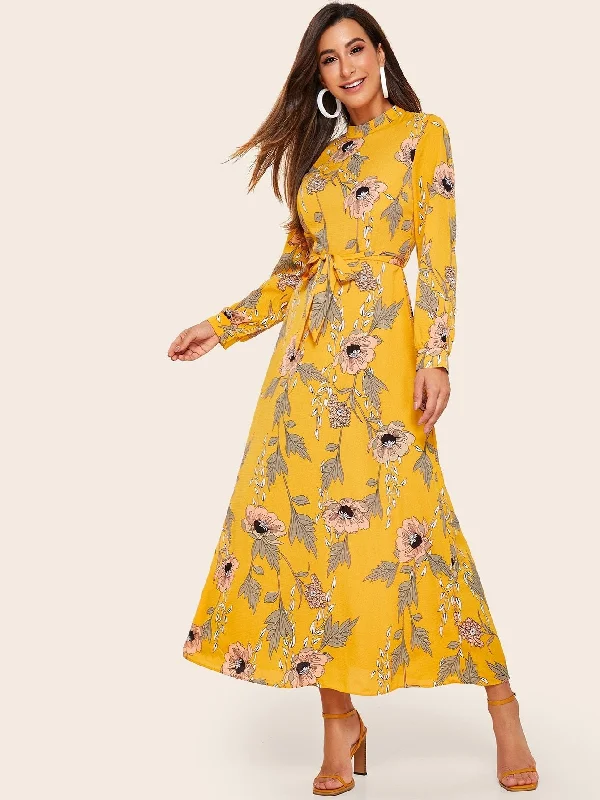 Floral Print Belted Chiffon Maxi Dress Trendy Fit-and-Flare Maxi Dress