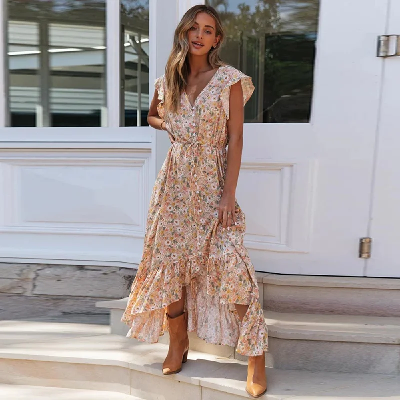 BerriesJam - Floral Print Button Sashes Ladies Gypsy Maxi Dress Casual Maxi Dress with Pockets