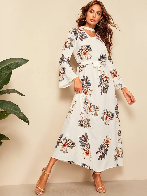 Floral Print Flounce Sleeve Belted Maxi Dress Stylish Boho Maxi Dress