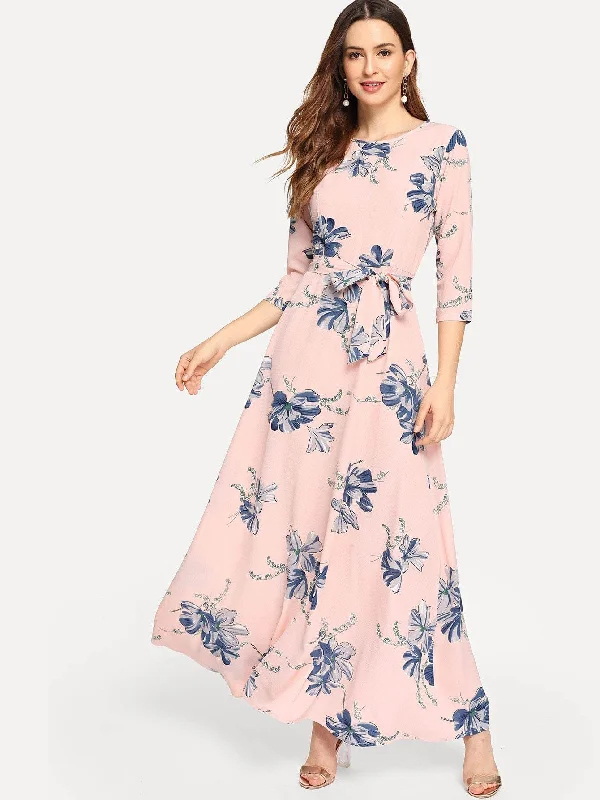 Floral Print Self Tie Maxi Dress Classic Black Maxi Dress