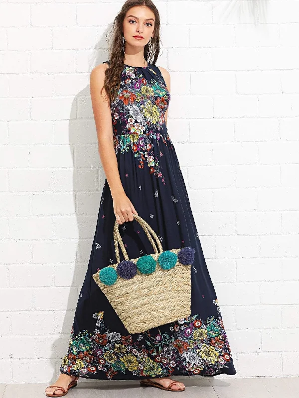 Flounce Detail Tie Back Floral Maxi Dress Elegant Maxi Dress with Lace