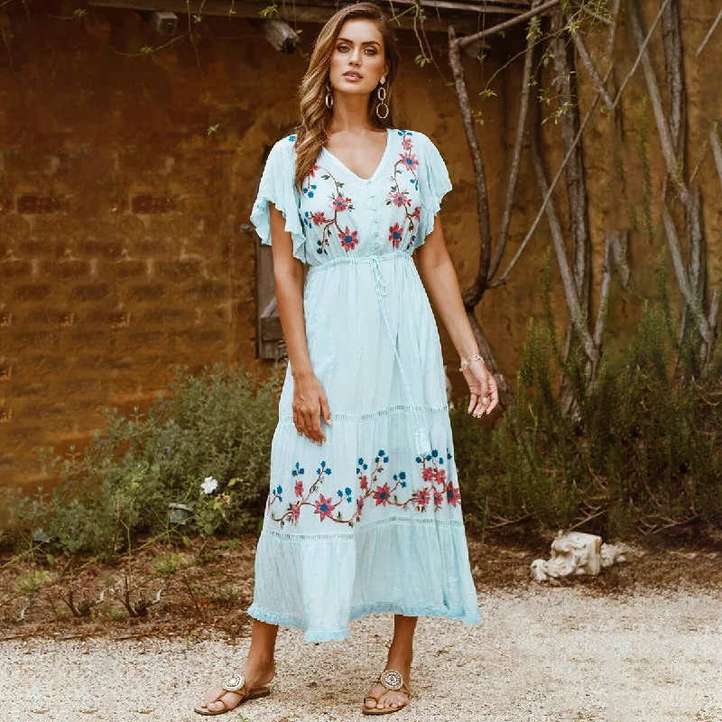BerriesJam - Flower Blue Ruffle Godness Maxi Dress Casual Maxi Dress with Pockets