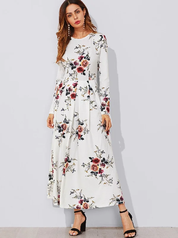 Flower Print Box Pleated Maxi Dress Elegant Maxi Dress with Drapes