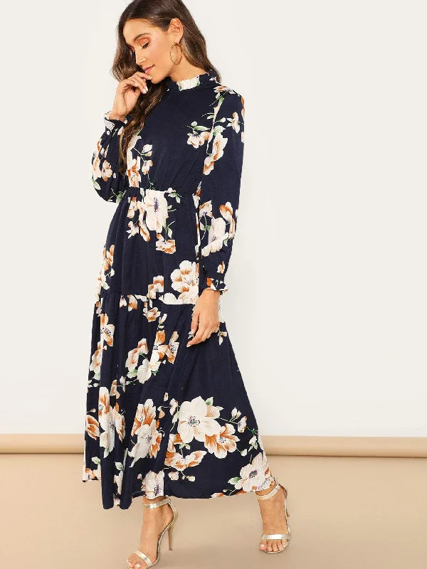 Frill Neck Floral Maxi Dress Stylish Maxi Dress with Frills