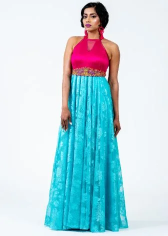 Fuschia Pink Satin & Net Maxi Dress Elegant Silk Maxi Dress
